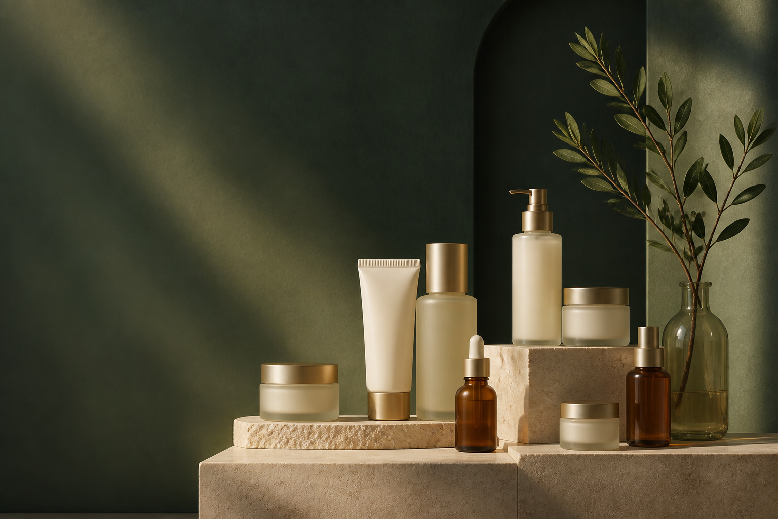 Luxury skincare and wellness vessels arranged on warm stone against a deep green backdrop